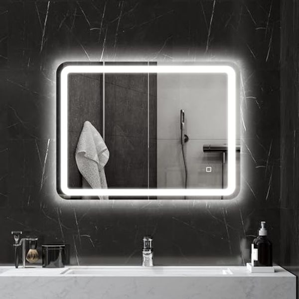 HOMCOM Spiegel 50 x 70 cm LED Badezimmerspiegel mit 3 Lichtfarben (Wandspiegel mit Touch-Schalter, Memory-Funktion, 1-St, Lichtspiegel mit Anti-Beschlag, IP44), 80 x 60 x 4 cm, Silber
