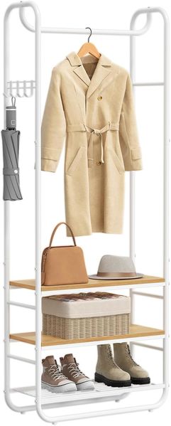 VASAGLE Garderobenständer, Garderobe, Kleiderständer, mit Schuhablage, Schuhregal, Flur, Schlafzimmer, 58 x 28 x 181 cm, skandinavisch, mattweiß-goldeichenfarben HSR81WN