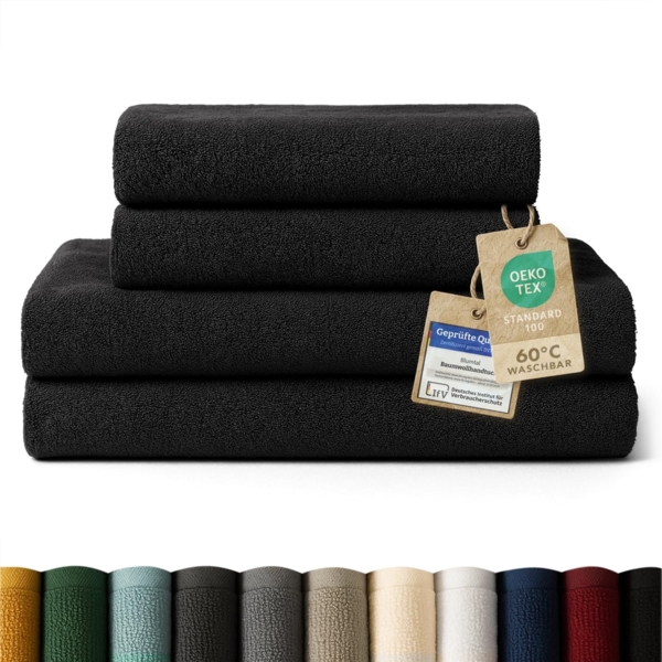 Blumtal Premium Frottier Handtücher Set mit Aufhängschlaufen - Baumwolle Oeko-TEX Zertifiziert, weich, saugstark - 2X Badetuch (70x140 cm), 2X Handtuch (50x100 cm), Schwarz