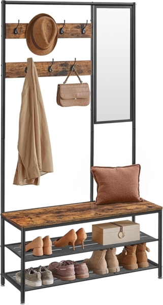 VASAGLE Kleiderständer, Garderobe, Garderobenständer mit Haken, Spiegel, Sitzbank, 35 x 98 x 180 cm, für Eingangsbereich, Schlafzimmer, Wohnzimmer, Industrie-Design, vintagebraun- schwarz HSR415B01