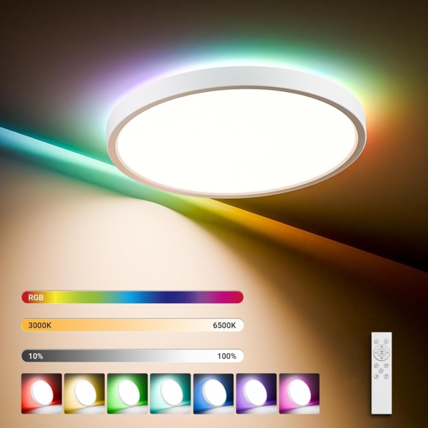 LQWELL® LED Deckenleuchte Dimmbar mit Fernbedienung, 24W 2500LM 3000-6500K RGB LED Deckenlampe, Runde Flache Deckenbeleuchtung IP44 für Wohnzimmer Schlafzimmer Esszimmer Balkon Korridor, 300 * 40mm