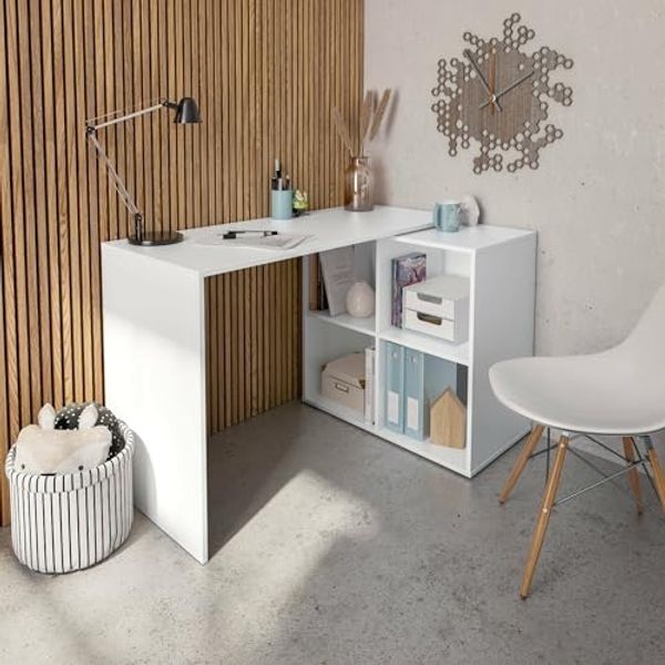 Dmora - Schreibtisch Revere, Eckschreibtisch, Mehrzweck-Bürotisch, platzsparender Schreibtisch mit Mehreren Positionen, 152 x 49 x 74 cm, Weiß