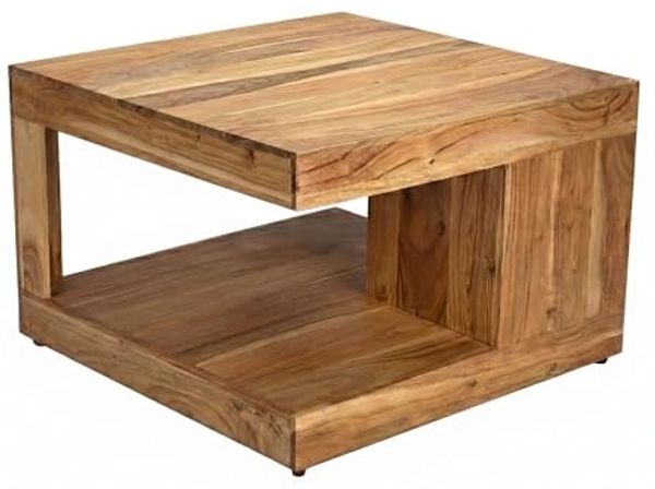 Couchtisch Akazie Massivholz 60cm - Quadratischer Wohnzimmertisch mit Ablagefach - Design Sofatisch Holz - Offener Loungetisch - Natur Beistelltisch Handmade