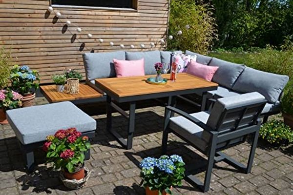 Ecklounge Santorini ACACIA Wood - Tisch höhenverstellbar + 1 Lounge Sessel + 1 Hocker/