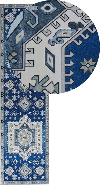 Teppich blau beige orientalisches Muster 80 x 300 cm Kurzflor PARVAKADLI