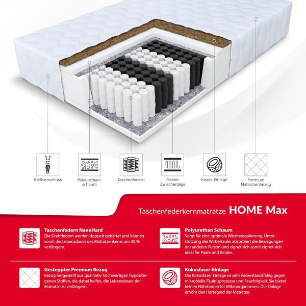 Matratze 120x200 Taschenfederkern H3 und H4 HOME MAX 7 Zonen Kokos Bett Matratze Bild 4