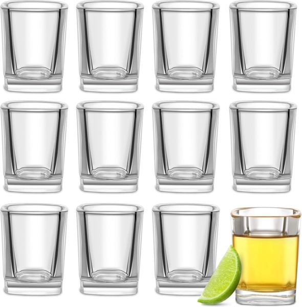 Praknu Schnapsglas 12 Schnapsgläser Eckig, Glas, Spülmaschinenfest - Standfest dank dickem Boden - Pinneken, Pinnchen