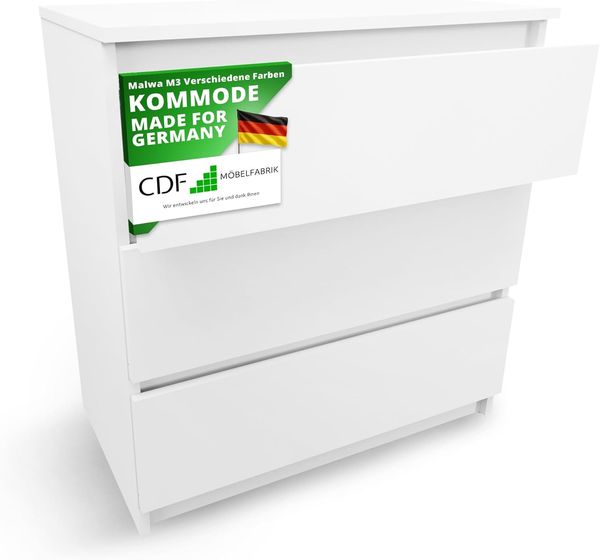 CDF Kommode mit Schublade Weiß Schrank Schubladenschrank 3 Schubladen Malm Kommode viel Stauraum Geeignet für Wohnzimmer Schlafzimmer Komodenschrank Organizer Kleidung 40T x 70B x 75H cm