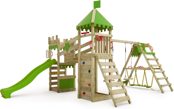 FATMOOSE Spielturm Ritterburg 'RiverRun', mit Schaukel SurfSwing & apfelgrüner Rutsche, Spielhaus mit Sandkasten, Leiter & Spiel-Zubehör, ab 3 Jahren