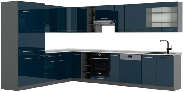 Eckküche Fame-Line Dunkelblau Hochglanz/Anthrazit 347 x 60 cm , AP Marmor Vicco