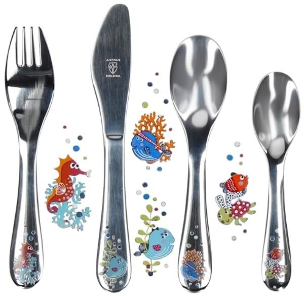 Justinus Besteck-Set Justinus 4tlg Meerestiere Kinder-Besteck-Set Messer Gabel Löffel, Edelstahl