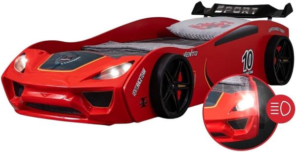 Coemo Kinder Autobett Dream Racer Kinderbett 90x200 im Rennwagen Design mit LED Beleuchtung und Lattenrost für Jungen und Mädchen - Betten Farbe Rot - Rennbett