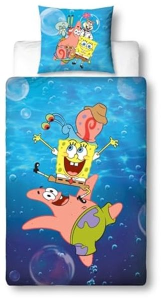 MTOnlinehandel Kinderbettwäsche Schwammkopf SpongeBob, Wende-Motiv für Kinder, Patrick und Gary, Mikrofaser, 2 teilig, 80x80 cm x 135x200 cm, für Jungen und Mädchen