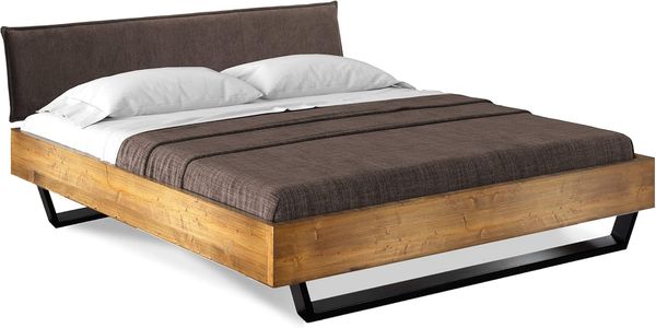 Möbel-Eins CURBY Kufenbett mit Polster-Kopfteil, Material Massivholz, rustikale Altholzoptik, Fichte, Kufen schwarz vintage 90x200 cm Stoff Braun ohne Steppung
