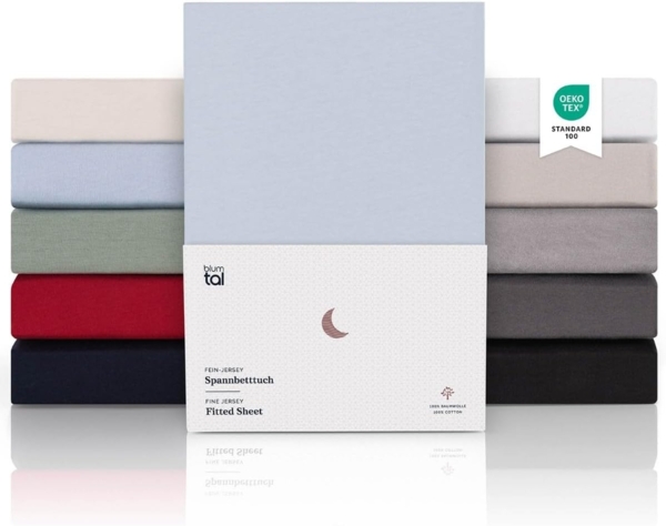 Blumtal® Premium Jersey Box Spring Spannbettlaken 180/200x200 cm, Oeko-TEX Zertifiziert, Superweiches 100% Baumwolle Bettlaken, bis 35cm BoxSpringBett höhe, Hellblau