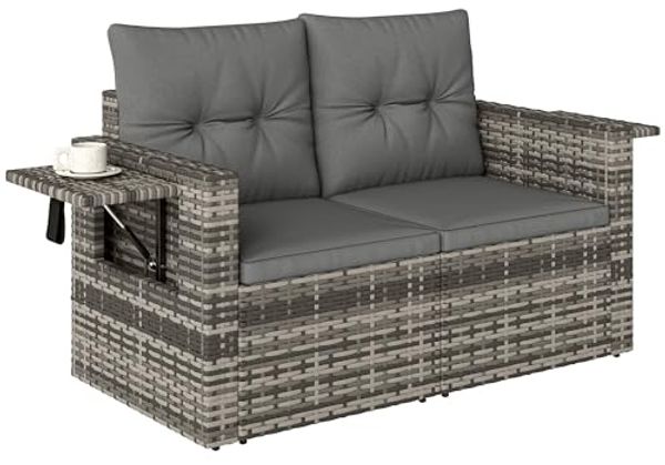 Outsunny Gartensofa mit Kissen, Klappbar Seitentabletts, Loungesofa 1 Teile, für Garten Terrasse Balkon, Poly Rattan Hellgrau