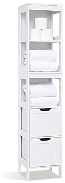 Meerveil Badschrank Hochschrank, Badezimmerschrank Schmal mit 2 Schubladen und 3 offenen Regal, 30 x 30 x 144 cm Weiß Lack Badmöbel aus MDF, für Badezimmer Küche Wohnzimmer