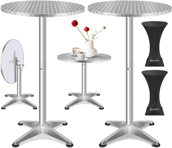 KESSER® 2in1 Stehtisch klappbar Bistrotisch Aluminium Edelstahlplatte | höhenverstellbar | 70cm / 115cm | Partytisch Tisch | In- & Outdoor | Hochzeit | Empfangstisch | Klapptisch inklusive Regencover Silber, Ø 80 cm, 2er Set