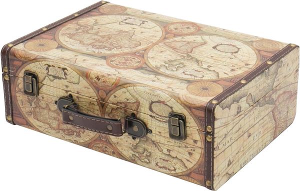 HMF Aufbewahrungsbox Handgefertigter Vintage Koffer aus Holz, Deko Koffer, Geschenkkoffer im Weltkarten Design, 38 x 26 x 13 cm