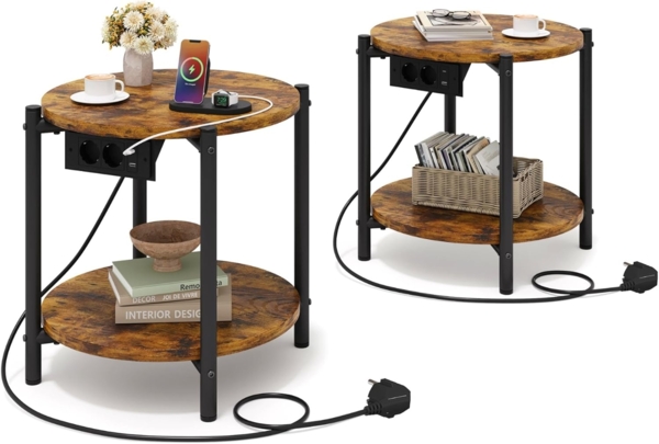 IRONCK Beistelltisch rund, Couchtisch mit Steckdose, Kleiner Tisch Holz, Wohnzimmertisch 2 Ablagen,Sofatisch,USB & Type-C-Anschluss, Metallrahmen, Nachttisch für Schlafzimmer (Vintagebraun, 2 Stücke)
