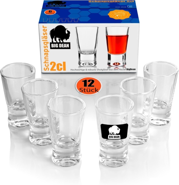 BigDean 12 Stück Schnapsgläser 2cl in Geschenkbox – hochwertige Shotgläser spülmaschinenfest - in Gastro Qualität