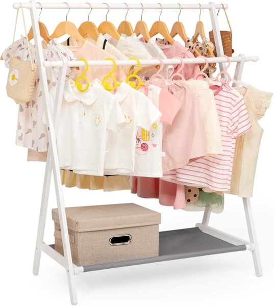 Yorbay Kleiderständer für Kinder aus Bambus Kinder Kleiderregal Doppelstangen, mit unterem Oxford-Gewebe-Regal