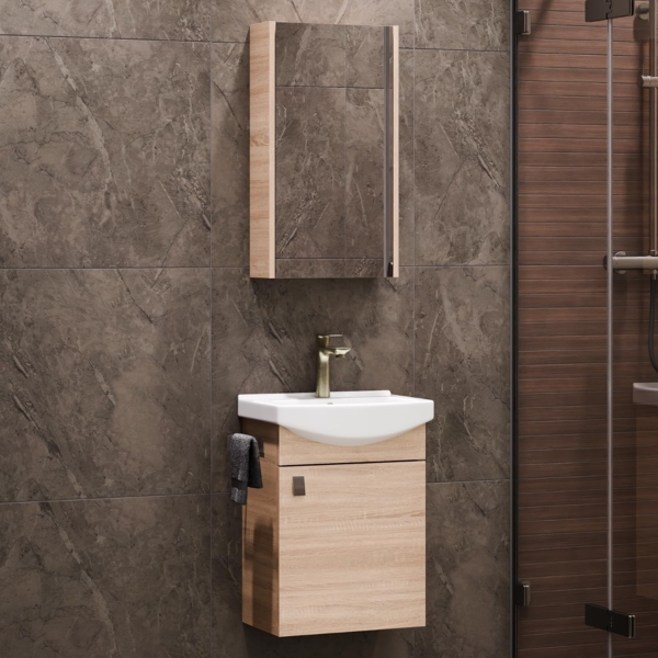 Planetmöbel Badmöbel Set aus Waschtisch + Waschbecken + Spiegelschrank, Gäste Bad WC, Farbe Sonoma Eiche