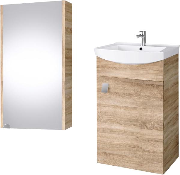 Planetmöbel Badmöbel Set aus Waschtisch + Waschbecken + Spiegelschrank, Gäste Bad WC, Farbe Sonoma Eiche