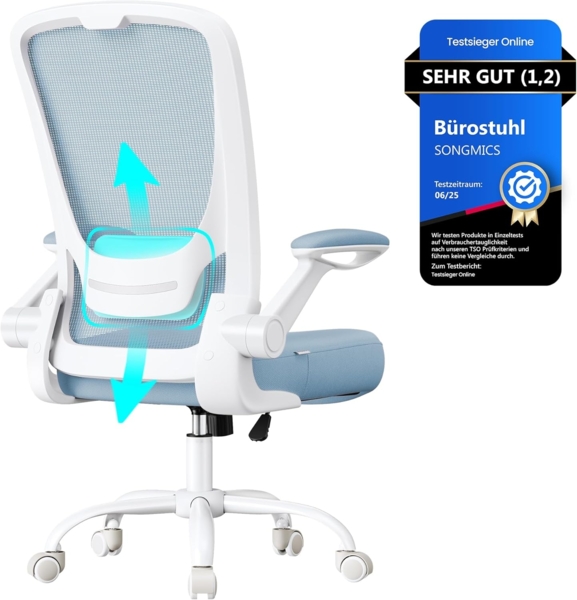 Songmics Schreibtischstuhl mit gepolsterte Lendenstütze, Wippfunktion & klappbare Armlehnen, Netzbespannung nebelblau, max. 120 kg