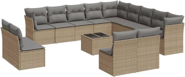 vidaXL 14-tlg. Garten-Sofagarnitur mit Kissen Beige Poly Rattan 3218499