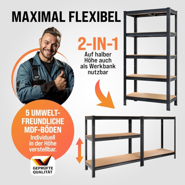 Monzana Schwerlastregal, Belastbar bis 875 kg, 5 MDF-Platten, Schwarz, 180 x 40 x 90 cm Bild 5