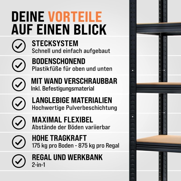 Monzana Schwerlastregal, Belastbar bis 875 kg, 5 MDF-Platten, Schwarz, 180 x 40 x 90 cm Bild 6