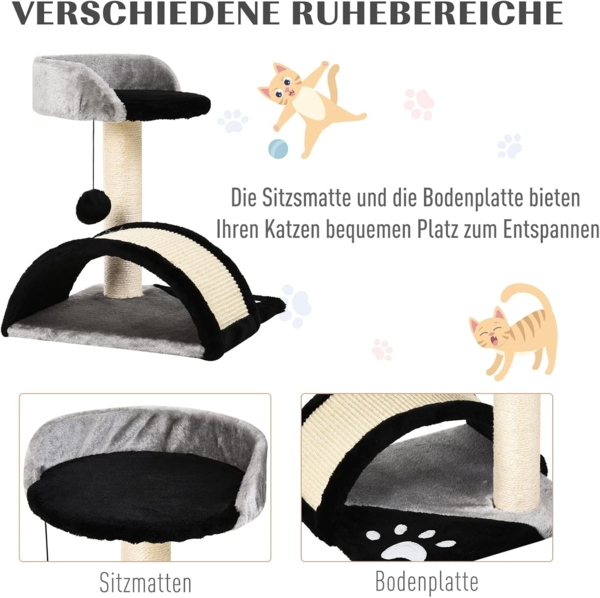 PawHut Kratzbaum Katzenbaum mit Spielbällen Katzenkratzbaum, Sisalseil-Kratzstangen, Schwarz, 35.5 x 37 x 46 cm Bild 5