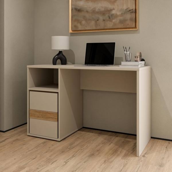 Forte WEXLIN Schreibtisch 120, moderner Schreibtisch mit Stauraumfach und Schranktür, Kinder- und Jugendzimmer, Kaschmir|Beige|Mauvella Eiche Holzdekor, 119,7 cm breit x 75,7 cm hoch x 50,2 cm tief