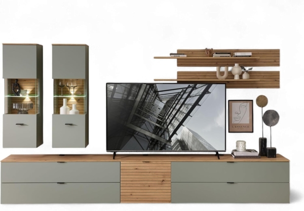 Stella Trading INA Wohnwand Komplett-Set in Schilfgrün, Artisan Eiche Optik FSC-Zertifiziert - Moderne Schrankwand 7-teilig mit LED-Beleuchtung für Ihr Wohnzimmer - 340 x 185 x 44 cm (B/H/T)