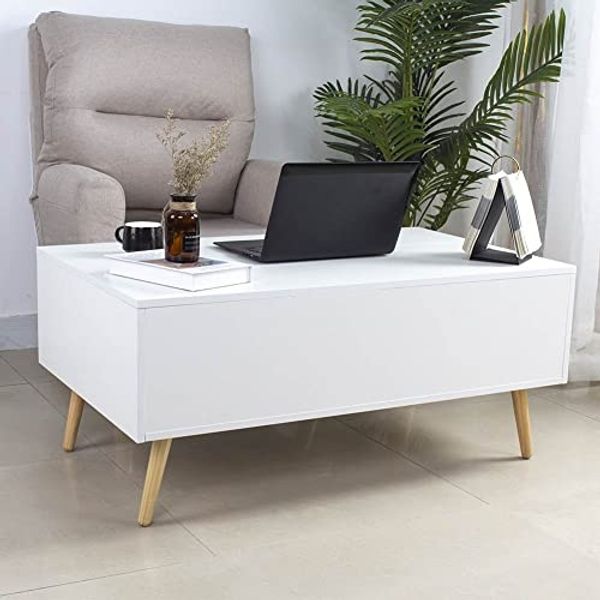 Bakaji Couchtisch Weiß, Versenkbarer Couchtisch, Separates Verstecktes Ablagefach, Multifunktional mit Viel Stauraum und Bücherregal, Modern, Hubplatte, Wohnzimmertisch, 100x60 cm