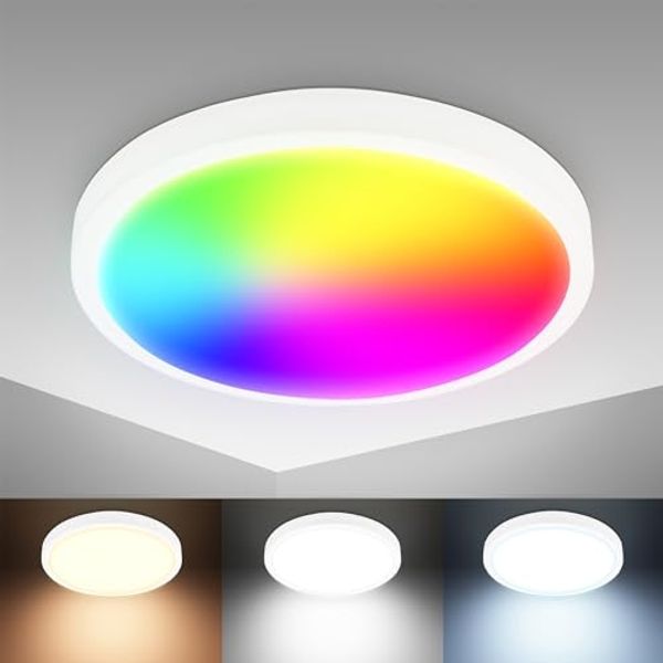 B.K.Licht Deckenleuchte Smart LED Deckenlampe dimmbar RGBW Farbwechsel weiß BKL1585, Bluetooth, LED fest integriert, 2700K - Extra-Warmweiß, Flaches CCT Panel Büro Wohnzimmer rund 27cm IOS Android Timer Memory