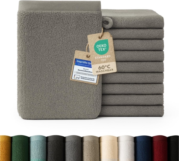 Blumtal Waschhandschuh 10er Set aus Frottee 15x20 cm - weich und saugstark, (Set), mit modischer Bordüre und praktischer Aufhängeschlaufe, 100% Baumwolle