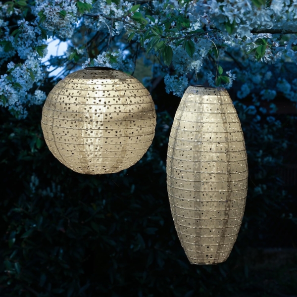 MARELIDA LED Lampion Solar Gartenlampions Blumenmuster beige Party Balkon Terrasse 2 Stück, LED Classic, warmweiß (2100K bis 3000K)