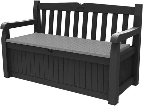 Keter Sitzbank Eden für Balkon und Garten, Gartenbank mit integrierter Kissenbox mit 265 l Stauraum, 140 x 60 x 84 cm, wetterfest, pflegeleicht, grau, Outdoor, Holzoptik