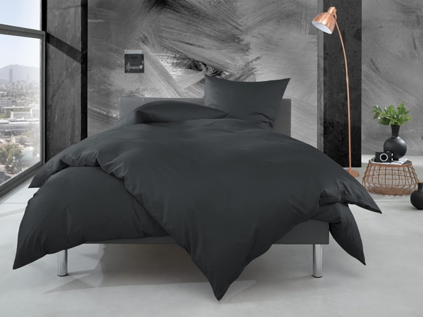 Bettwaesche-mit-Stil Mako Perkal Bettwäsche uni / einfarbig anthrazit Garnitur 140x200 + 70x90 cm