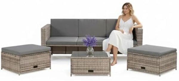 Polyrattan Sitzmöbel Set Sofa Tisch 2 Hocker grau Lounge Gartenset Rattanmöbel