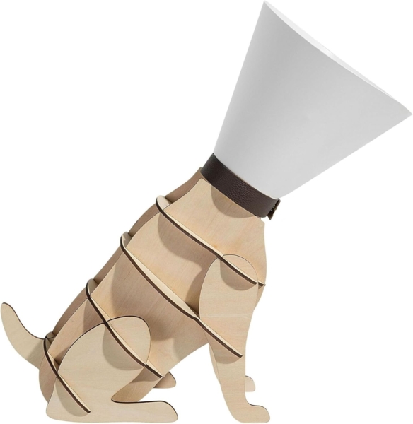 'Isna' Tischlampe Weiß Holzoptik 38 cm Schirm Trichterform Lampenfuß Hundform Kabel mit Schalter Modernes Design