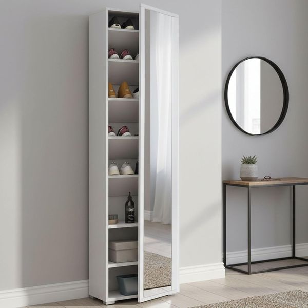 Dmora - Schuhregal Datura, Mehrzweck-Eingangsmöbel mit Spiegeltür, moderner Schuhschrank mit 7 Regalen, 100 % Made in Italy, 50 x 32 x 182 cm, Weiß,