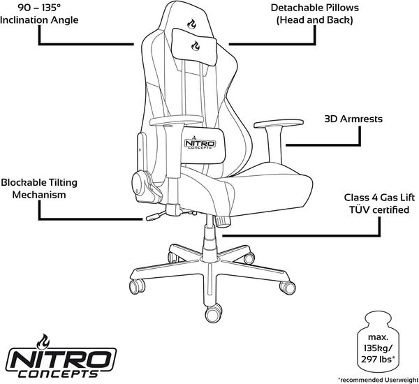 NITRO CONCEPTS S300 Gamingstuhl - Ergonomischer Bürostuhl Schreibtischstuhl Chefsessel Bürostuhl Pc Stuhl Gaming Sessel Stoffbezug Belastbarkeit 135 Kilogramm - Stealth Black (Schwarz) Bild 8