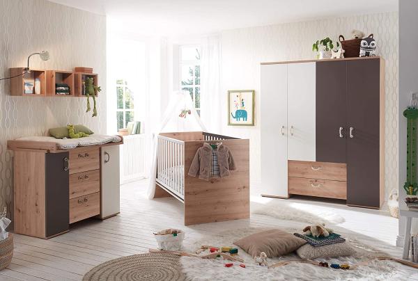Babyzimmer Cordula in Asteiche, Lava matt und Weiß matt 5 teilig mit Kleiderschrank, Kinderbett Babybett mit Lattenrost und Umbauseiten, Wickelkommode - Kinderzimmer komplett Set von Mäusbaucher - MD110769