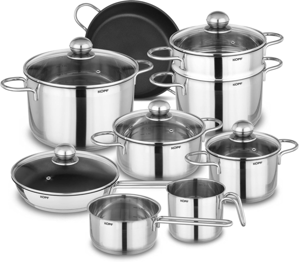 Kopf Topf-Set Josie, Edelstahl (14-tlg), Induktionstöpfe mit Schüttrand, Literskala und Glasdeckel