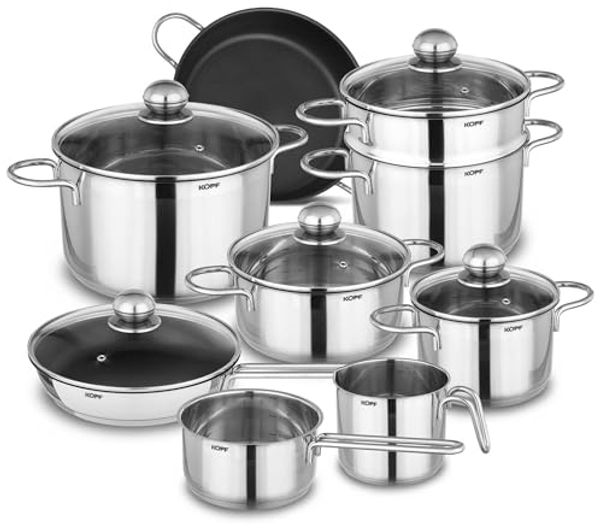 Kopf Topf-Set Josie, Edelstahl (14-tlg), Induktionstöpfe mit Schüttrand, Literskala und Glasdeckel