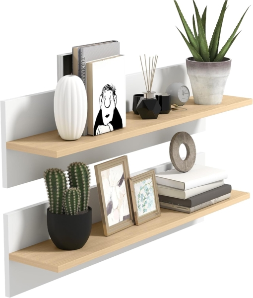 HOMCOM Wandregal, 2er-Set Schweberegal 2-tlg, für Küche, Wohnzimmer, Badezimmer, Weiß+Naturholz, 80 x 16,5 x 20 cm