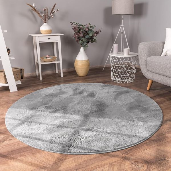 Paco Home Hochflor Teppich Wohnzimmer Flauschig Fellteppich Kunstfell Plüsch Shaggy Weich Fellimitat, Grösse:Ø 100 cm Rund, Farbe:Grau